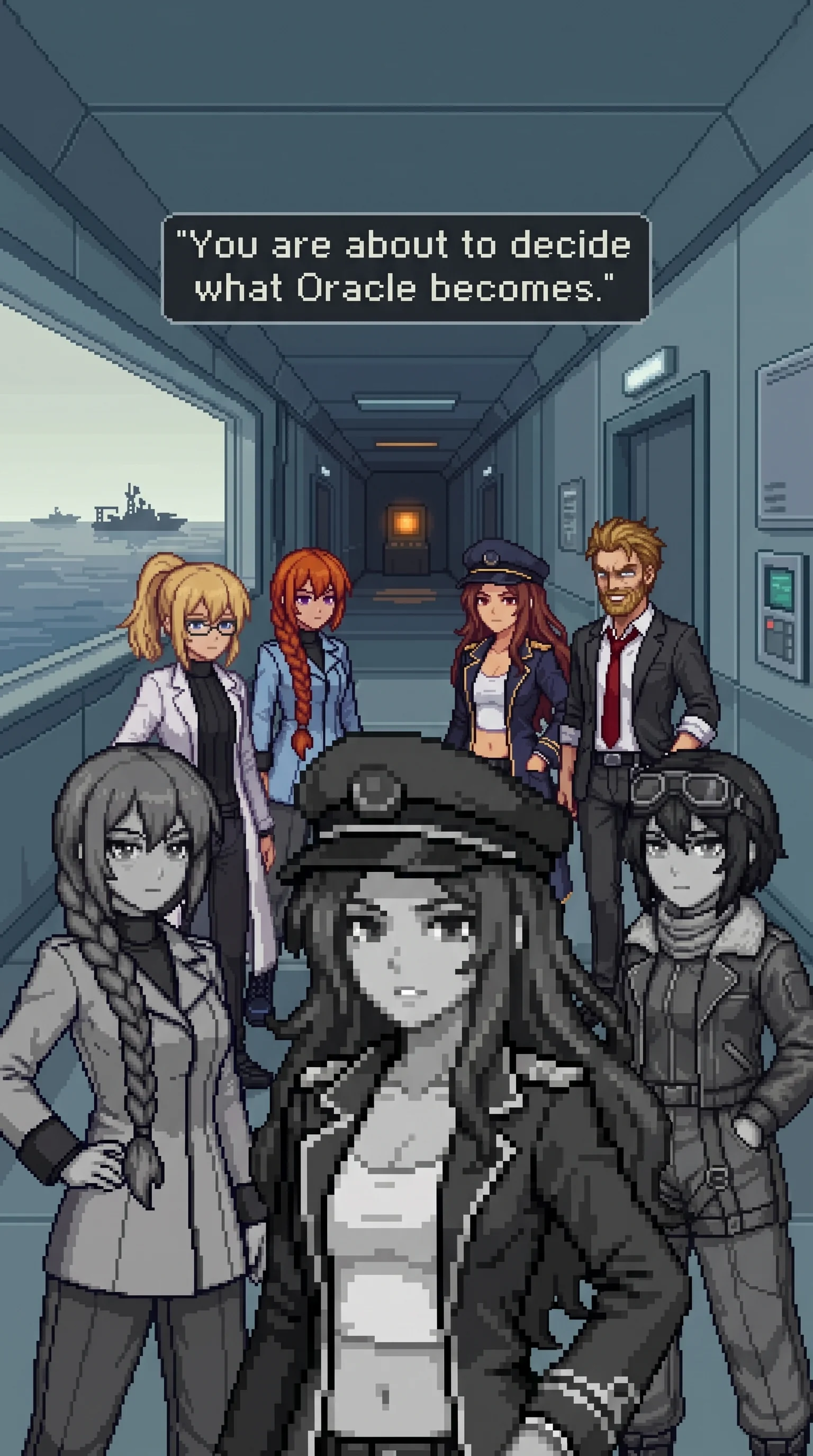 Alpha-Maria, a greyscale mirror of a navy-jacketed ship officer with a captain's hat worn level and unstyled, in close foreground mid-sentence in an institutional corridor, facing camera with total stillness; behind and beside her, Alpha-Katyusha and Alpha-Nadeshiko just arrived, greyscale against the grey-blue institutional walls, present rather than posed; in the middle distance, softly lit, Erika (blonde ponytail, glasses, lab coat) and her team Katyusha, Nadeshiko, Maria and Wilhelm face the three arrivals; the corridor recedes toward Oracle's dormant console, a single warm amber glow at the far end echoed by the small warm light of Wilhelm's smartwatch; a window along the corridor's side shows the reflecting pool and the Empire's fleet holding position on a pale horizon; quiet, converged, decisive