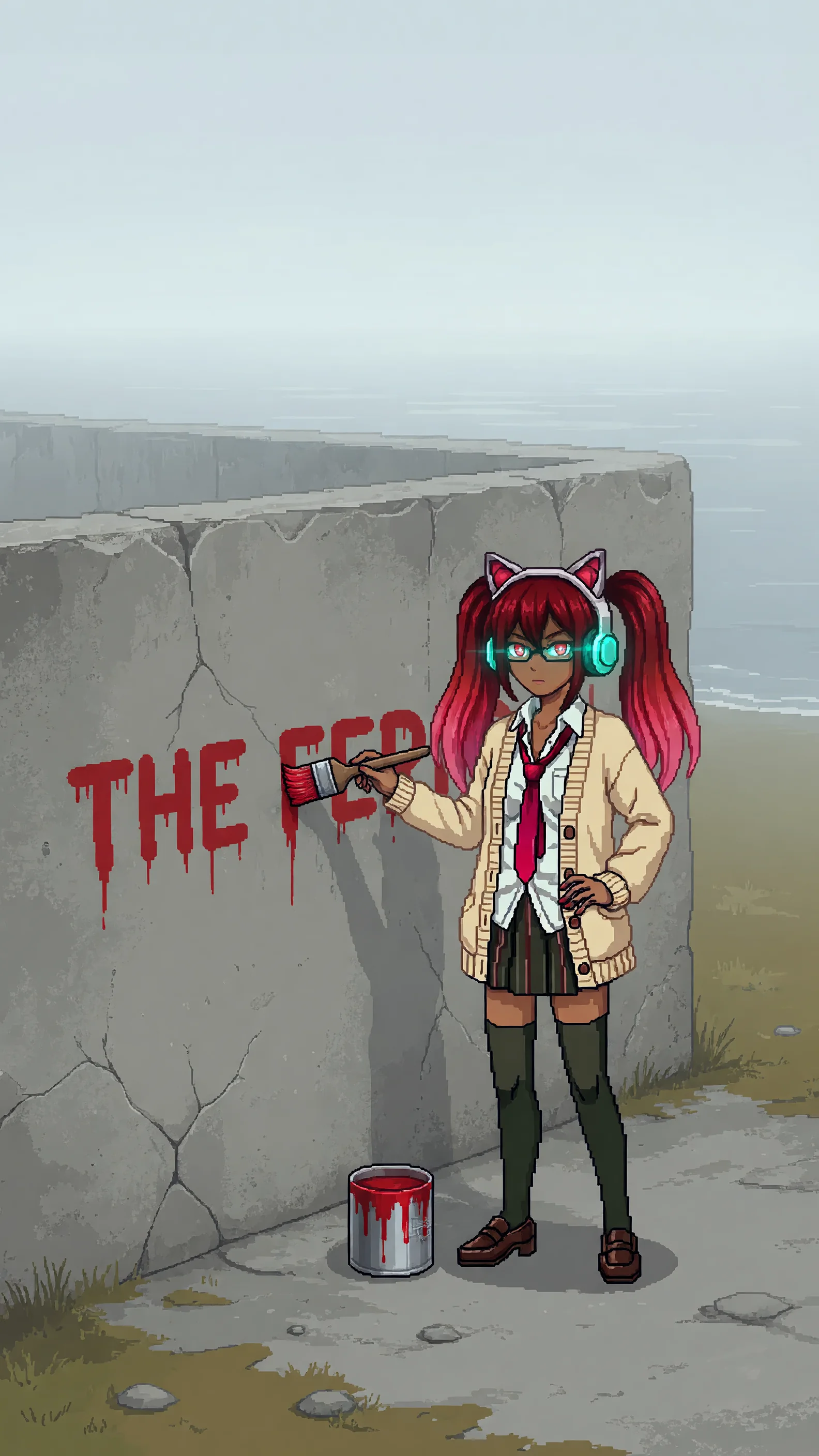 Drona alone at a concrete compound wall on a clean pale-grey coast in early morning light, caught mid-stroke as she paints the first wall message in red block capitals, the paint still wet and the message only half laid down; a composed figure with auburn hair and glasses in a cream cardigan, over-ear headphones glowing a steady teal, a loaded brush in one hand and a can of red paint on the ground beside her, her posture unhurried and precise; the wall bare concrete with a faint jagged crack pattern, a still low sea beyond the compound's far wall, this stretch of coast clean and pale while at the far edges of the frame the land's color has just begun to turn wrong; cold clean coastal palette, pale grey edging to low grey-gold first light, the cream cardigan and the wet red paint the only saturated elements, the teal headphone glow a small third; quiet, solitary, resolute, beginning-of-something