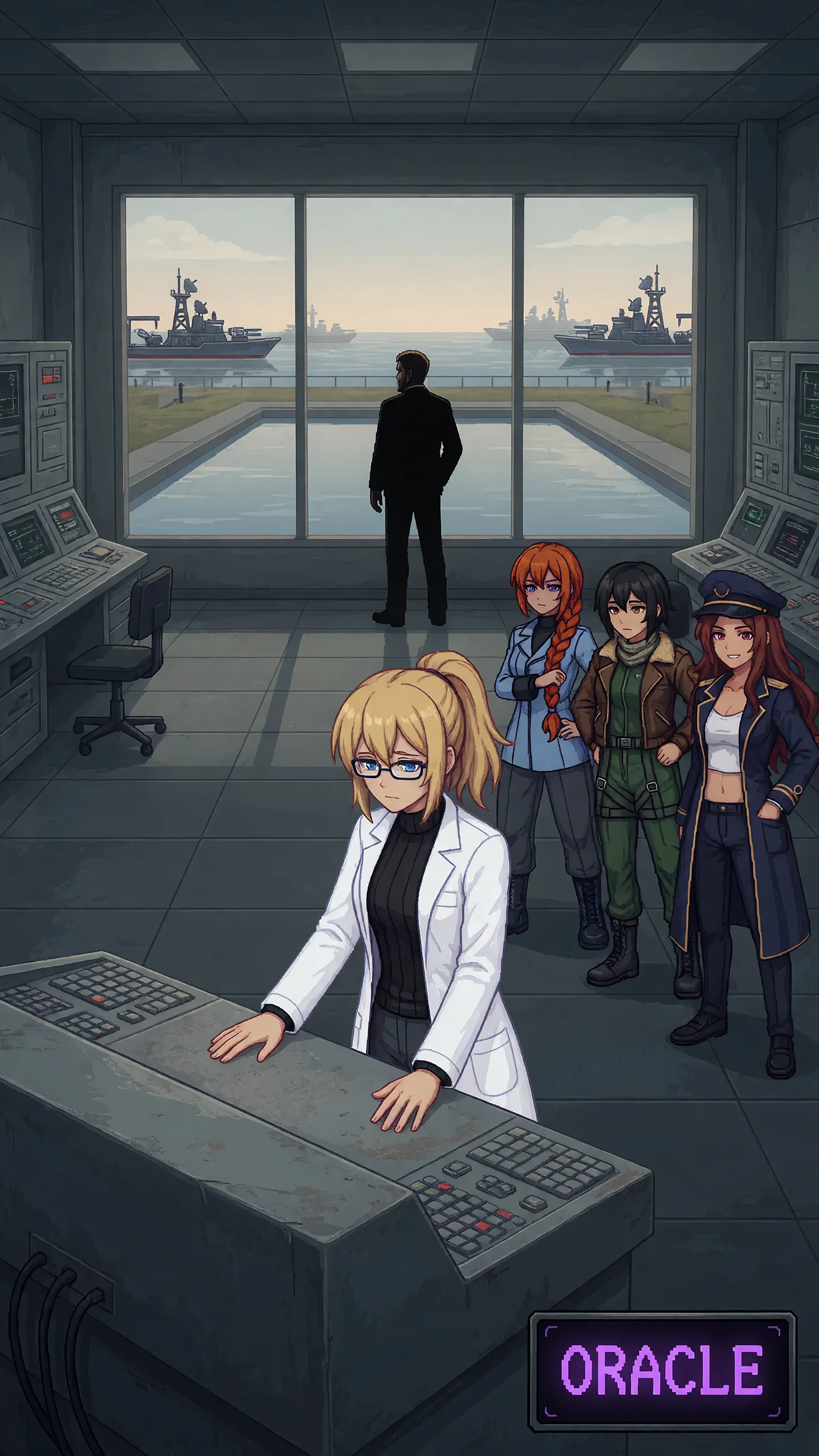 Erika stands at a dormant console with both hands flat on its surface, utterly still, her lab coat the one saturated color in an otherwise grey operations room; Katyusha, Nadeshiko, and Maria stand a few steps back, watching without approaching; Wilhelm is a silhouette at the far windows, back turned, facing out over a reflecting pool toward a distant fleet; Oracle's status indicator glows an unfamiliar color in the corner of the frame; late afternoon light, institutional grey palette with Erika's coat as the only bright element, quiet and suspended mood