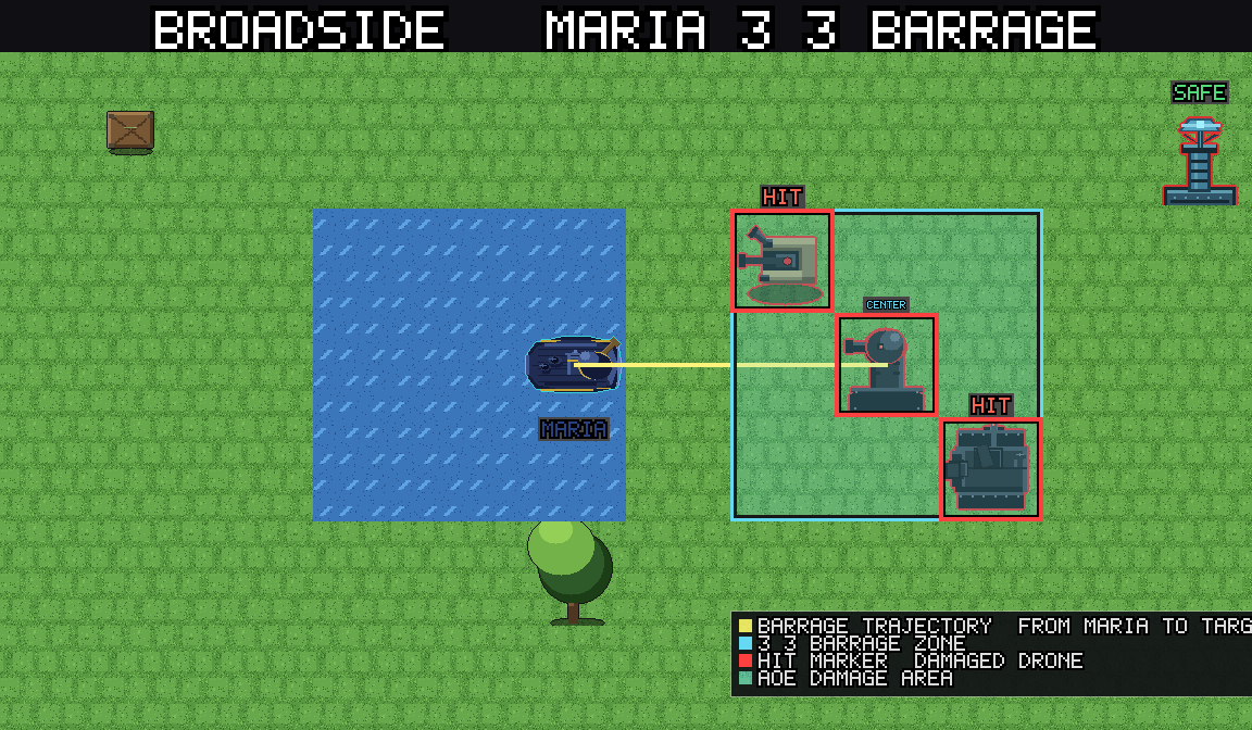 Broadside: Maria fires a 3x3 barrage at a target cell from her position on water