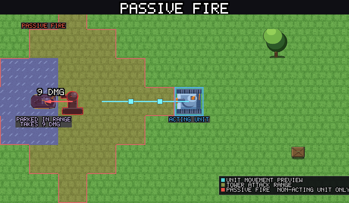 Passive fire: the acting unit (Katyusha, top row) is immune, but Maria parked in tower range takes damage