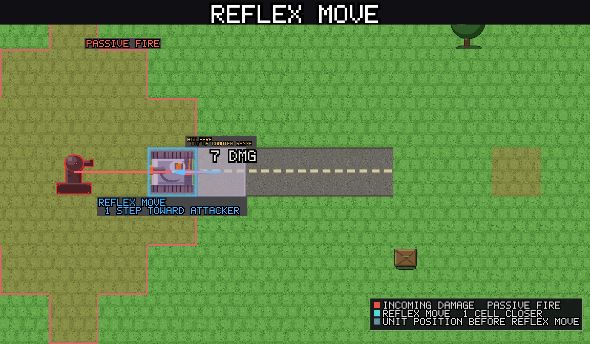 Reflex move: Katyusha takes damage and steps forward toward the tower to close the gap